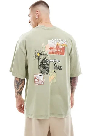 Only & Sons Camiseta verde salvia extragrande con estampado de postal en la espalda de