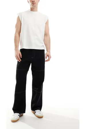 JACK & JONES Pantalones negros holgados de estilo carpintero con costuras en contraste de