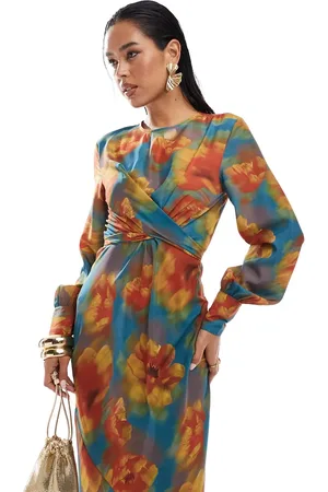 ASOS Vestido largo con estampado floral difuminado y cinturón de -Multicolor