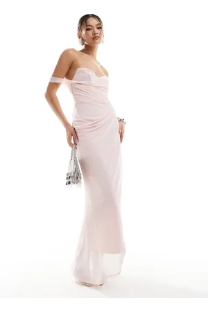 ASOS Vestido de tubo midi color moldeador con escote Bardot y capa exterior drapeada de malla de -Rosa