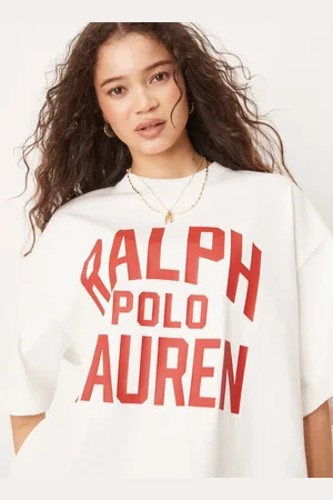 Ralph Lauren Camiseta blanco hueso y roja de corte cuadrado con logo de