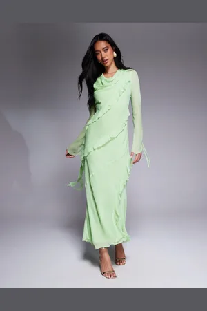 DASKA Vestido largo verde con volantes de chifón de