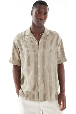 JACK & JONES Camisa color tostado a rayas con cuello de solapas de tejido texturizado de -Multicolor
