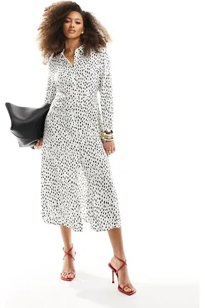 VILA Vestido camisero largo blanco con estampado de lunares de -Multicolor