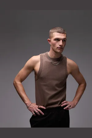 Topman Camiseta marrón lavado sin mangas con cuello subido y textura lineal de canalé de