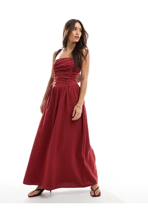 4th & Reckless Vestido largo color óxido con escote palabra de honor y detalle fruncido de algodón de -Rojo