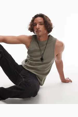 Topman Camiseta verde lavado a rayas sin mangas con cuello subido de canalé de