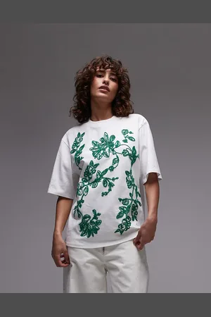 Topshop Camiseta blanca extragrande con bordado verde de rafia de