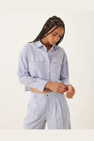 MANGO Camisa corta a rayas de mezcla de lino de (parte de un conjunto)