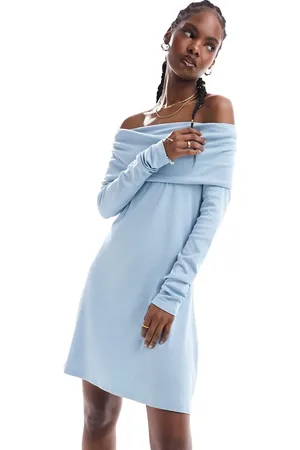 Monki Vestido corto con escote Bardot fruncido de punto de