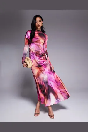 DASKA Vestido largo morado con estampado difuminado y diseño fruncido drapeado de -Multicolor