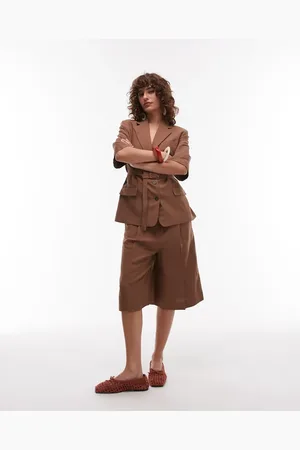 MANGO Pantalones cortos marrones estilo bermudas alargadas de mezcla de lino de (parte de un conjunto)