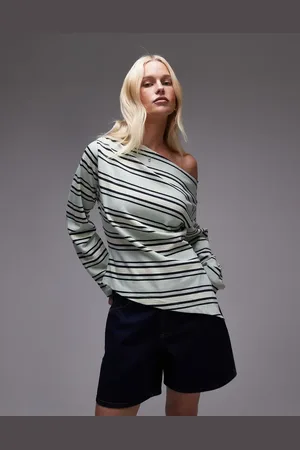 Topshop Top verde a rayas asimétrico de manga larga de punto liso de