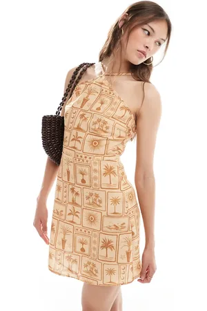 VERO MODA Vestido corto con estampado de postales a tono y cuello halter de -Multicolor