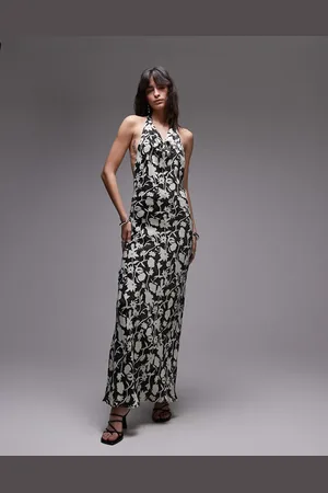 Topshop Vestido largo con estampado floral y cuello halter subido de satén de -Multicolor