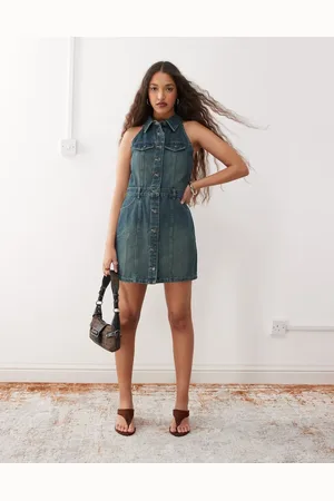 Noisy May Vestido vaquero azul tintado con cuello de nadadora de