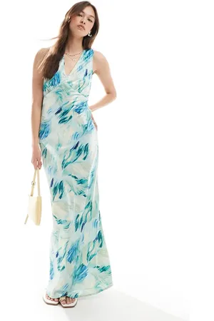 VERO MODA Vestido largo azul con estampado abstracto, cuello de pico y espalda abierta de