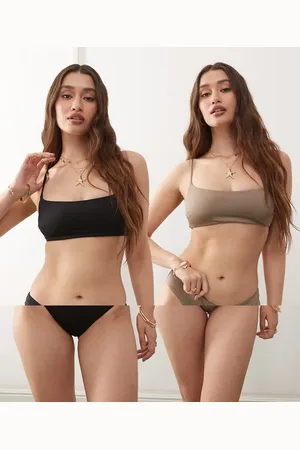 Weekday Pack de 2 tops de bikini de color negro y marrón topo con escote palabra de honor de