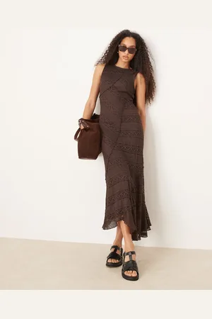 Gina Tricot Vestido midi sin mangas con bajo asimétrico de encaje vintage de