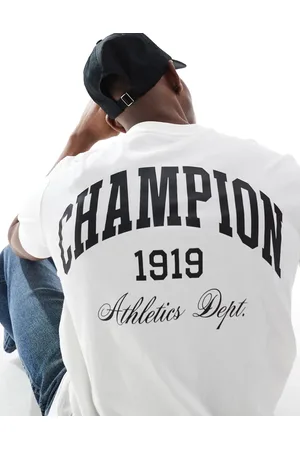 Champion Camiseta blanca de manga corta con estampado universitario en la espalda de