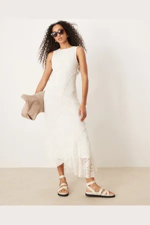 Gina Tricot Vestido midi sin mangas con bajo asimétrico de encaje vintage de