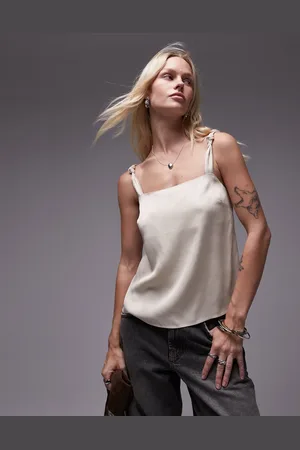 Topshop Top color con escote cuadrado y detalle de nudos de -Beis neutro
