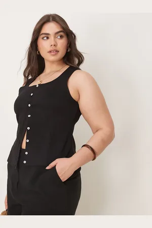 ASOS Pantalones cortos dad negros holgados de tejido con lino de Curve