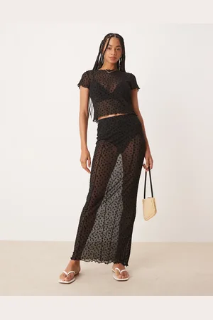 ASOS Falda larga negra con diseño floral flocado de malla transparente de