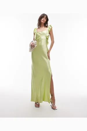 Topshop Vestido lencero verde intenso con volantes en los hombros de satén de
