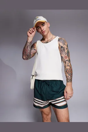 ASOS Shorts de baño cortos verdes con rayas en los bordes de