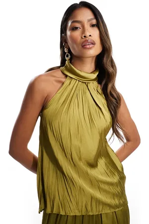 River Island Top plisado con cuello halter de satén de (parte de un conjunto)-Verde