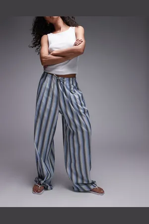 Topshop Pantalones a rayas azules de pernera recta con lazada en la cintura de popelina de -Multicolor