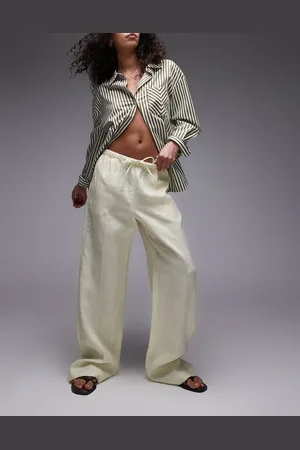 MANGO Pantalones amarillo crema sin cierres de tejido efecto lino de
