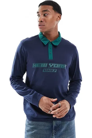 Another Influence Top azul marino estilo polo de rugby de manga larga de