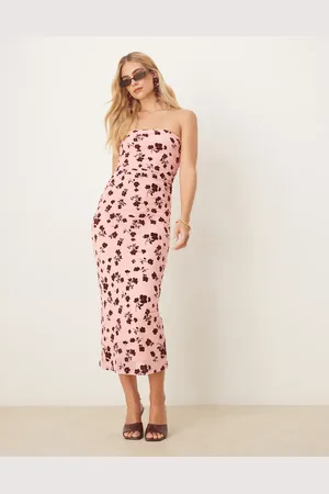 ASOS Vestido largo palabra de honor con estampado floral flocado y laterales fruncidos de