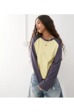 COLLUSION Camiseta amarilla de corte cuadrado con manga larga raglán azul en contraste de -Amarillo