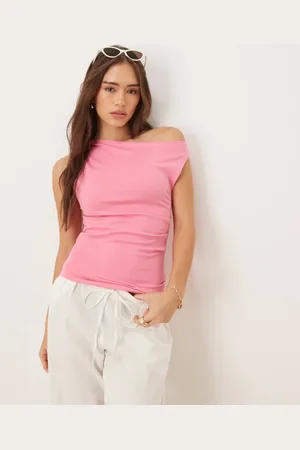 MANGO Top con cuello barco y hombro caído de punto liso de
