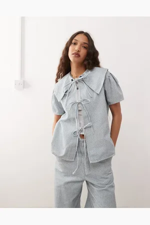 Reclaimed Top vaquero con raya diplomática y lazada delantera de (parte de un conjunto)-Azul