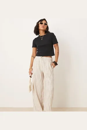 ASOS Pantalones beis a rayas ondulantes de pernera recta holgada de mezcla de lino de Petite-Multicolor