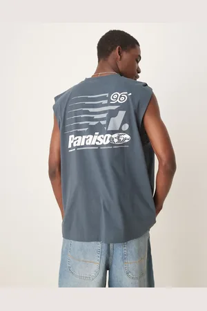 ASOS Camiseta gris carbón extragrande sin mangas con estampado gráfico deportivo de