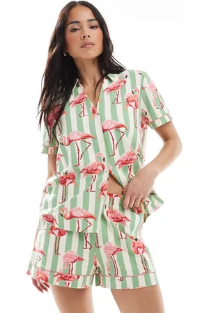 Chelsea Peers Pijama de camisa de manga corta y cuello con solapas y pantalones cortos con estampado de rayas y flamencos de algodón de