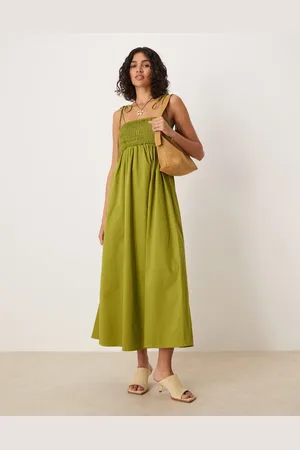 ASOS Vestido midi a rayas con pecho fruncido de popelina de algodón de -Verde
