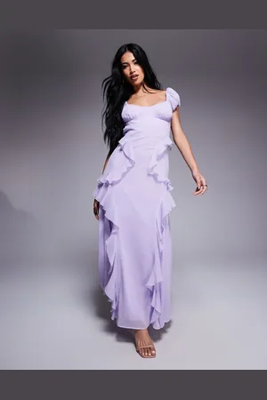 ASOS Vestido midi con mangas fruncidas y volantes de -Morado