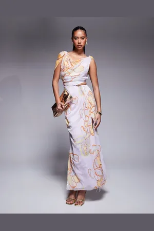 ASOS Vestido midi azul con diseño drapeado, estampado floral y adornos de -Multicolor