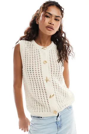 ASOS Top color con botones dorados de punto de croché de -Blanco