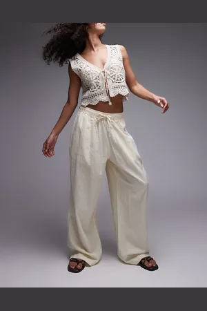 Topshop Pantalones color de corte globo de mezcla de lino de -Blanco