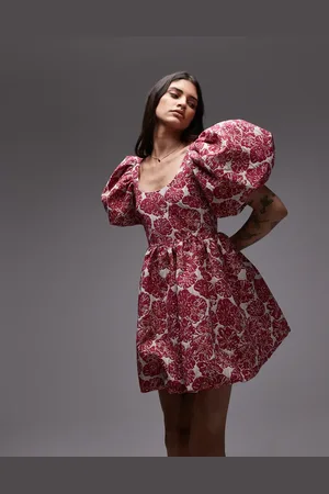 & OTHER STORIES Vestido corto rosa con mangas abullonadas exageradas, espalda escotada y estampado floral de brocado de