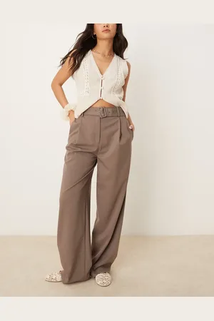 MANGO Pantalones marrones de pernera recta con cinturón de