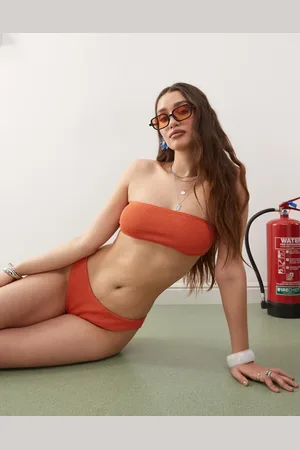 COLLUSION Braguitas de bikini naranja tostado de talle bajo de tejido efecto rugoso Mix & Match de
