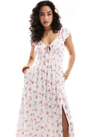 Hollister Vestido midi de manga corta y estilo mesonera con estampado floral rosa y abertura de